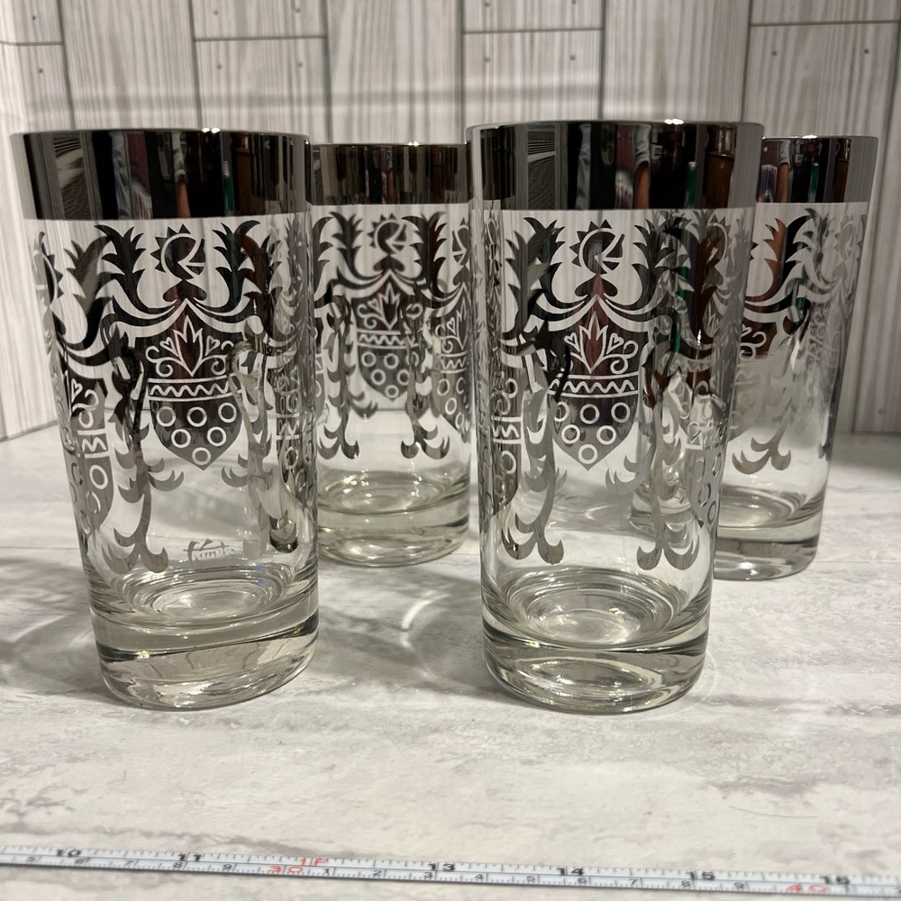 Set of 4 Vtg MCM Barware Silver Knight Crest Highball Glasses by Kimiko